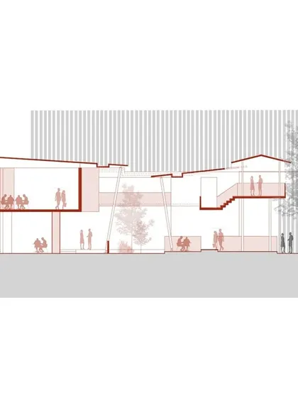 This full section of 'The Potpouri' shows how the entire complex is organized around the central courtyard. The design creates an interactive dining experience with a sense of openness while maintaining privacy for users.