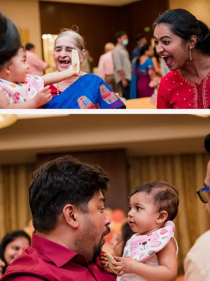 A collage of priceless interactions at a birthday party, showing the baby's funny expressions with her grandmother and father.