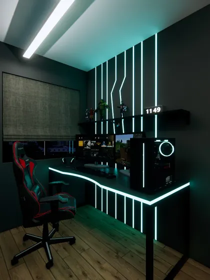 The ultimate gaming setup, with a custom desk featuring integrated RGB lighting and shelves for displaying collectibles.