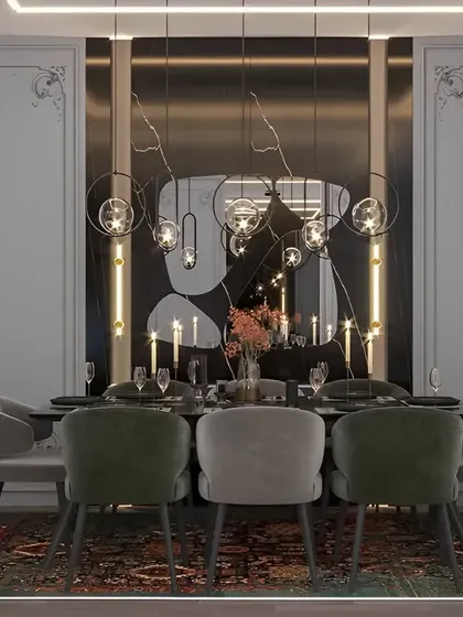 I designed this elegant dining space with a dramatic mirrored wall that enhances the room's sense of space and light. The classic wall paneling and sophisticated chandelier create a perfect setting for formal dinners and gatherings.
