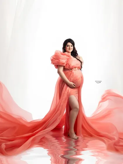 This shot captures the full splendor of the coral-pink flowing gown, complete with a water reflection effect. It's a perfect example of the glamorous, high-impact portraits I love to create.