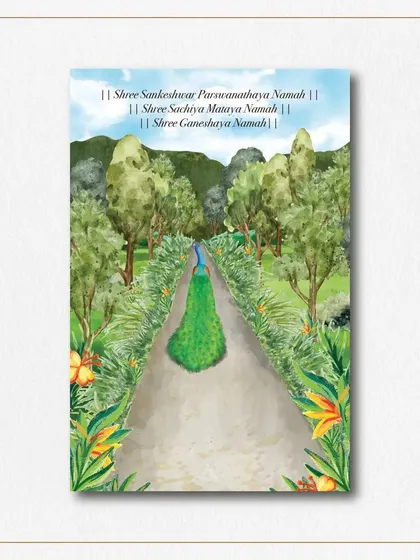 The opening frame of the animated invitation, this illustration depicts a majestic peacock on a path leading into the lush landscape of the wedding venue. It sets a serene and grand tone for the celebration to come.