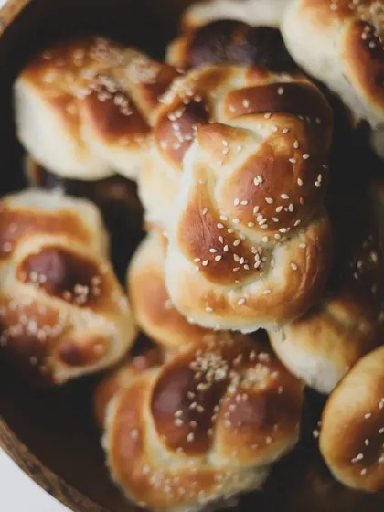 Freshly baked knotted bread rolls with sesame seeds. Our baking module teaches various shaping and finishing techniques.