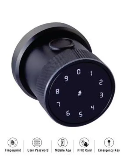 The Oracle smart lock, showcasing its five access methods. This compact unit supports fingerprint, user password, mobile app, RFID card, and an emergency key, making it versatile for homes and offices.