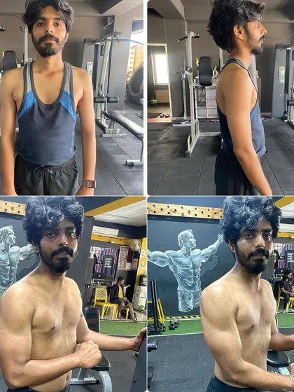 A four-panel progression update showing this client's muscle gain journey. You can see the gradual but steady increase in arm and shoulder size.