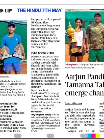 A newspaper clipping celebrating Aarjun Pandit and Tamanna Takoria as champions.