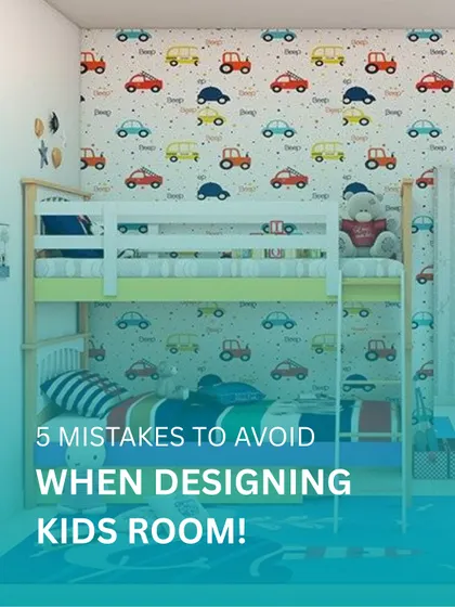 This image introduces five common mistakes to avoid when designing a kids' room, featuring a fun room with a car-themed wallpaper and a bunk bed.
