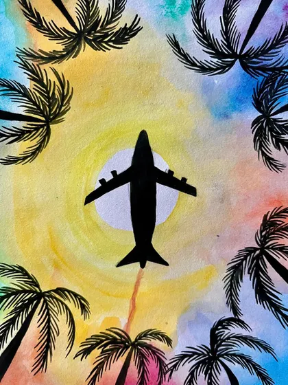 A watercolor painting celebrating the joy of travel, with a plane flying over a colorful sky.