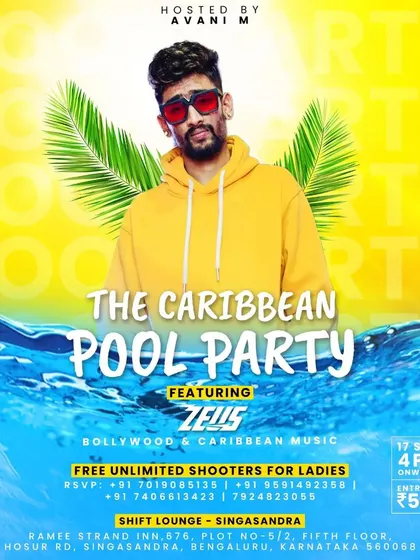 The poster for "The Caribbean Pool Party," where I mixed Bollywood hits with Caribbean music for the perfect poolside vibe.