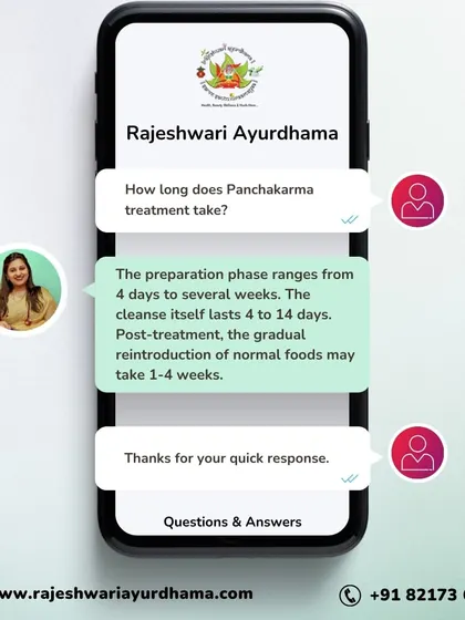 The full Panchakarma process has three stages. Preparation can take 4 days to several weeks, the main cleanse lasts 4 to 14 days, and the post-treatment restoration phase can take 1 to 4 weeks, depending on your individual needs.