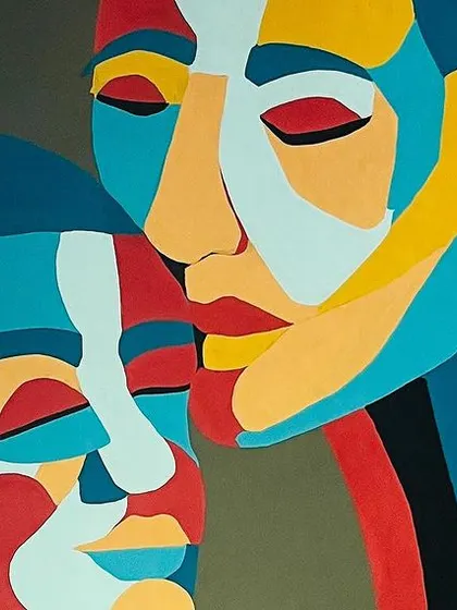 Another perspective on the abstract portrait, showing the interplay of warm and cool colors. This style adds a modern, artistic feel to the studio's interior.