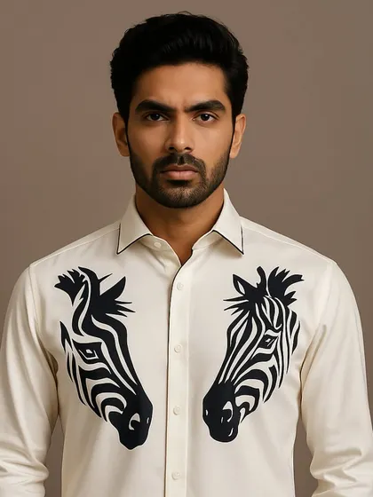 This portrait shot captures the striking contrast of the black zebra embroidery against the off-white fabric. The design is bold and symmetrical, creating a powerful visual impact.