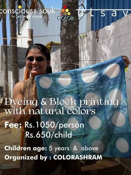 An event poster for a dyeing and block printing workshop for adults and children in Mysuru. Participants get to design and create their own eco-friendly pouch using natural colors.