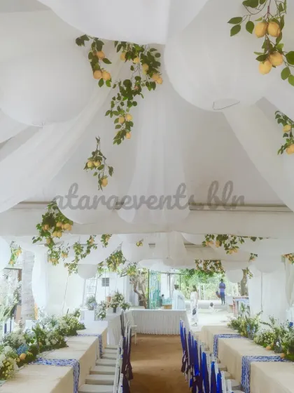 An elegant long-table setup for a Sicilian-themed event. The tables are covered in white linens with blue patterned runners, and the ceiling is draped with white fabric and hanging lemon branches, transporting guests to the Mediterranean.