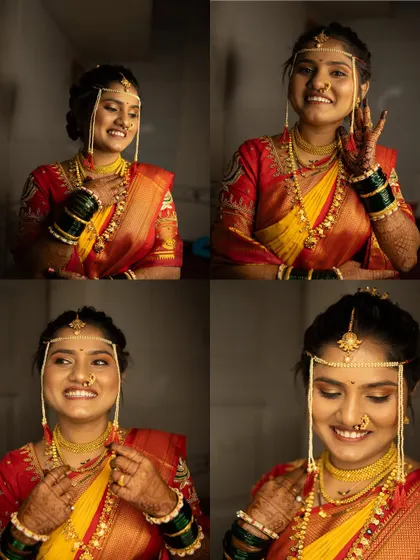 A collage of the bride's getting-ready moments, capturing her joyful and candid expressions as she puts on her traditional jewelry.