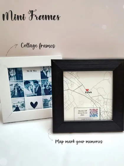 Two types of mini frames are displayed: a black map frame and a white photo collage frame, showing the different ways you can preserve your memories.