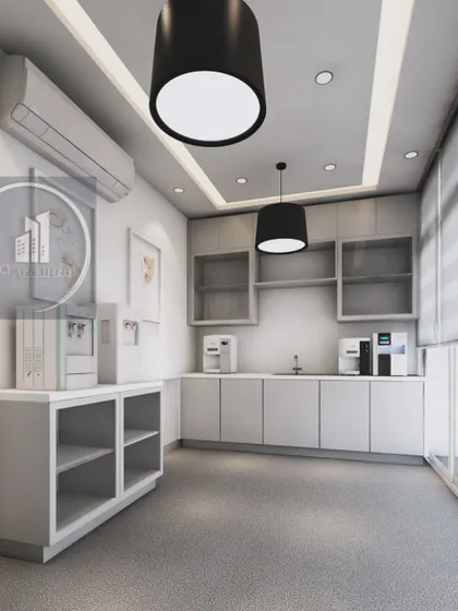 A design concept for a lab's pantry and utility area. The space is planned for functionality with grey cabinetry, durable countertops, and ample room for equipment, all while maintaining a modern look.