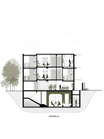 This architectural section of the House of Two Worlds illustrates our approach to programmatic clarity. Private family floors are located above, while the basement is a versatile entertainment zone, with thoughtful circulation linking the two distinct realms.