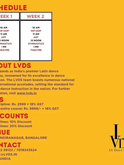 This graphic lays out the schedule, fees, and discount structure for our two-week summer camp at the Indiranagar location. It shows how the day is structured with separate hours for hip-hop, art, gymnastics, and theatre.