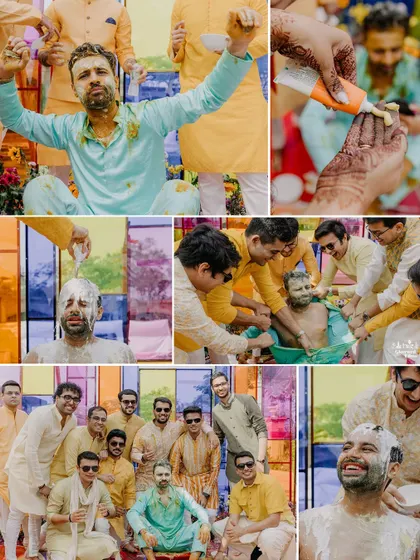 The groom's 'phoolon ki holi' and 'dahi' Haldi, a collage showing the absolute mayhem and fun with his groomsmen.