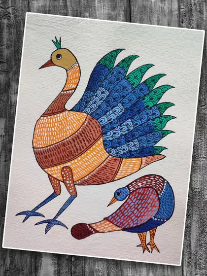 A vibrant Gond art painting of birds, created by one of our international students. This tribal art form is known for its imaginative subjects and detailed patterns of dots and lines.