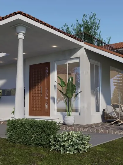 A charming and cozy home design concept. This render features a tiled roof, supportive pillars creating a welcoming porch, and large windows, blending traditional elements with modern living needs.