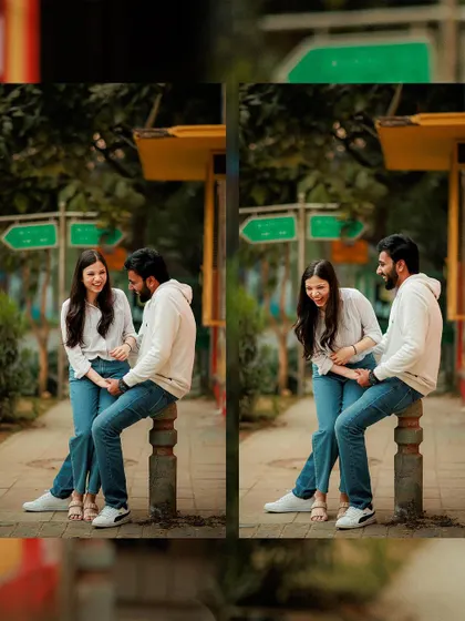 A diptych showing the natural progression of a candid moment. These unscripted interactions are what we love to capture, telling a story of your connection through genuine smiles and playful banter during your Delhi pre-wedding session.