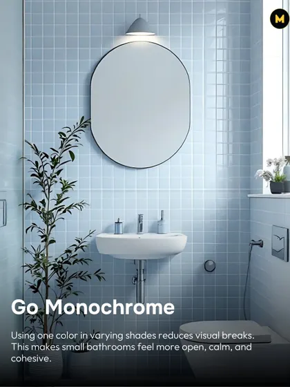 To make a small bathroom feel larger, go monochrome. Using one color, like this soft blue, in varying shades and textures reduces visual breaks and makes the space feel more open, calm, and cohesive.