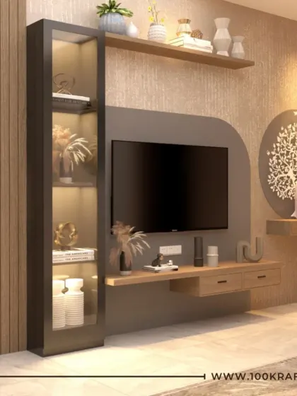 This entertainment unit combines open and closed storage, with a display cabinet for treasures and a floating shelf with a Buddha statue for a touch of serenity.