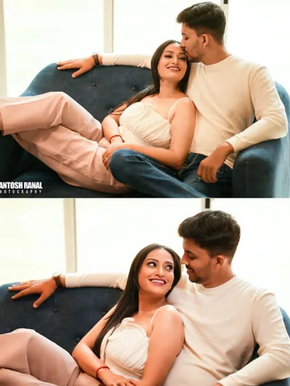 A collage showing cozy and intimate moments of a couple relaxing indoors.