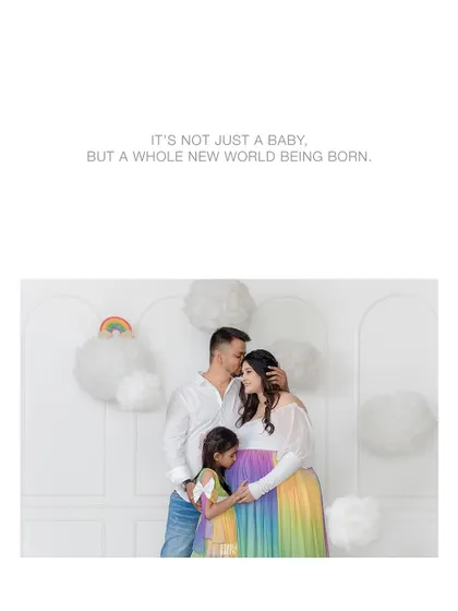 A family eagerly awaiting their new arrival in a dreamy rainbow-themed set. This image beautifully captures the love and excitement that a new baby brings to the entire family.