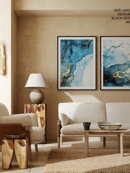In this rustic, earth-toned living room, the black frames of our two-piece abstract art set provide a grounding contrast. This pairing adds a modern and artistic element to the warm space.