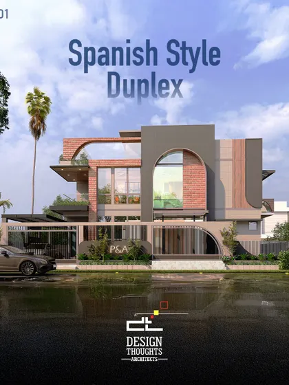 The front elevation of the Spanish-style duplex. The design incorporates signature elements like arched windows, stucco walls, and wrought iron details, creating a home with authentic character.