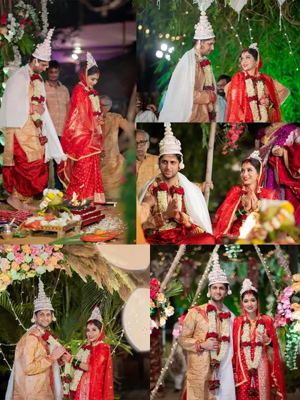 A collage showcasing various moments from a Bengali wedding ceremony, from posed portraits to candid ritual shots.