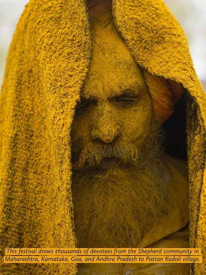 A series of striking portraits from the Pattan Kodoli festival. Each face tells a story, covered in the golden 'Bhandara' powder, reflecting deep faith and tradition.