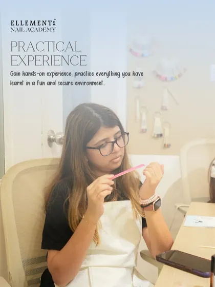 Gain practical experience in a fun and secure environment. A student practices her filing technique, a fundamental skill for any nail tech.