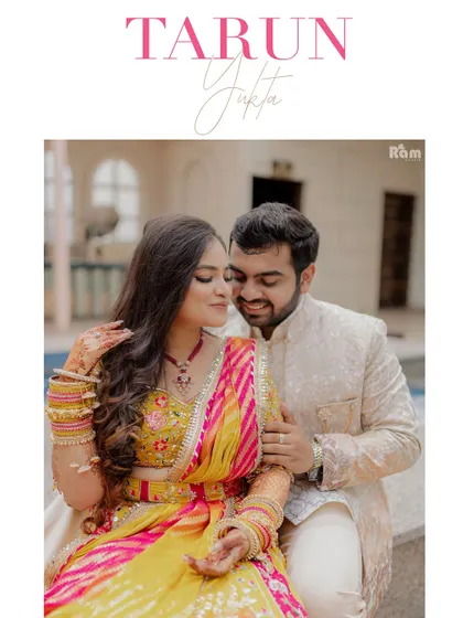 A sweet and romantic portrait of the couple from their Roka ceremony. The groom's affectionate gaze and their close pose make this a heartwarming image.