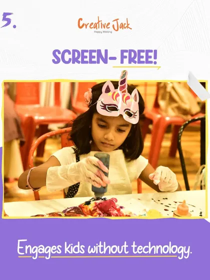 Highlighting the benefit of a screen-free activity, this image shows a girl in a unicorn mask engrossed in her craft, fully engaged without any technology.