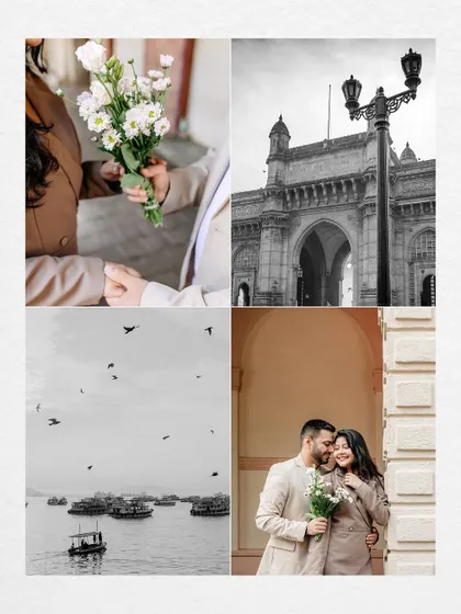 A collage that captures the spirit of old Bombay for a pre-wedding shoot. It combines iconic landmarks like the Gateway of India with romantic portraits and scenes of the bustling harbor.