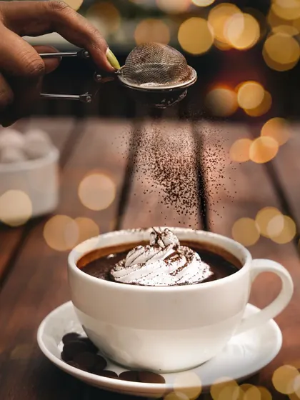 A classic Christmas scene: hot chocolate with whipped cream, dusted with cocoa powder in front of twinkling lights. It’s a timeless shot that evokes warmth and holiday cheer.