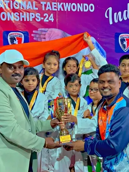 A proud moment as we receive the team trophy at the International Taekwondo Championships in Goa. This award belongs to every student, parent, and coach in the NMFA family.