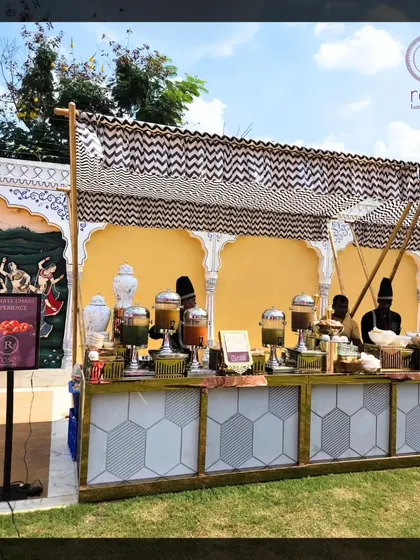 An outdoor chaat station set up at The Leela Palace Jaipur. We can bring our luxury catering services, including our popular live counters, to destination events across Rajasthan and pan-India.