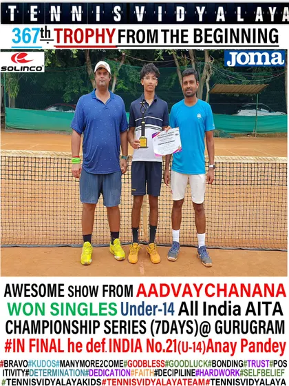 Aadvay Chanana winning the singles U-14 All India AITA Championship Series.