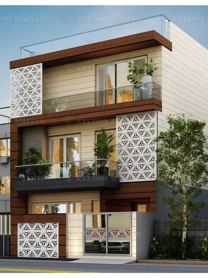 A modern facade in Rajender Nagar, New Delhi, using a combination of wood-look panels and geometric white jali screens. This design adds a layer of texture and visual interest while maintaining a clean, contemporary feel.