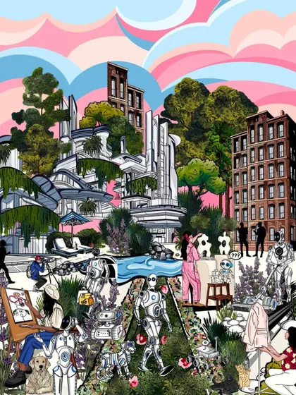 This piece, created for the Lakme Nexa Creators Lab, imagines a futuristic world where nature, technology, and creativity coexist. It's a glimpse into a colorful "Age of Tomorrow."