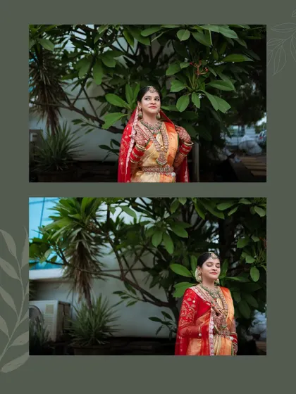 A collage of the bride in her stunning red and gold wedding saree, capturing her beauty from different angles.