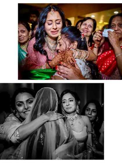 A powerful collage of the emotional Vidaai. The bride shares tearful hugs with her family, a poignant and beautiful moment.