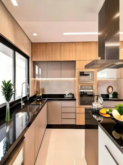A sleek parallel kitchen design featuring light wood and beige cabinets with a black granite countertop. The layout is perfect for a narrow space, providing an efficient workflow between the sink, stove, and prep areas.