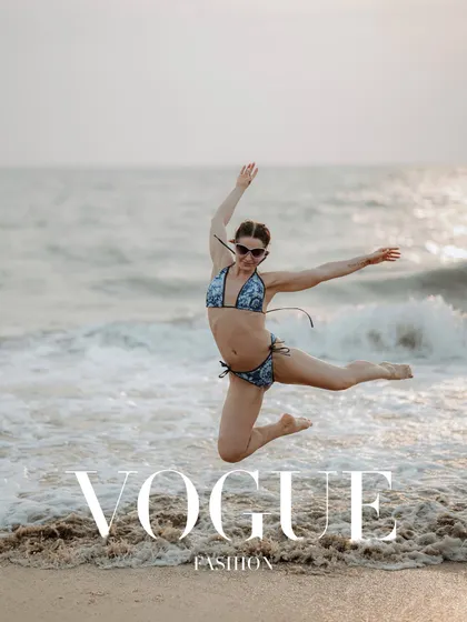 A high-energy jump captured mid-air, styled like a high-fashion magazine cover. This shows my ability to create editorial content in a natural, outdoor setting.