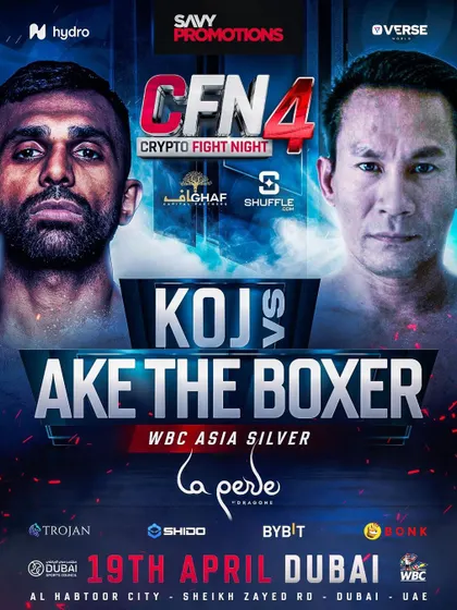 A poster for Crypto Fight Night 4 in Dubai, featuring a WBC Asia Silver title fight.